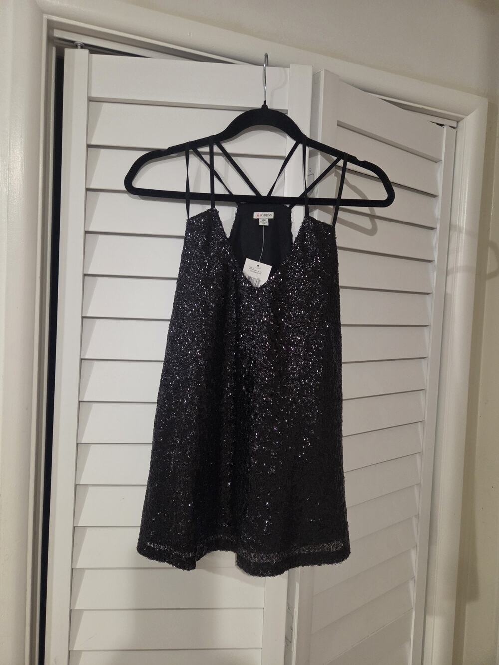 GUESS Women's M Black Sequin V-Neck Spaghetti Strap Sleeveless Tank Top